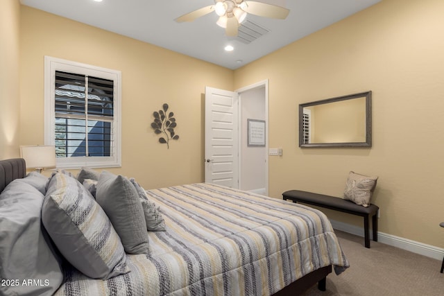 carpeted bedroom featuring baseboards, visible vents, ceiling fan, and recessed lighting