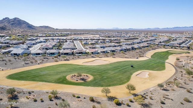 bird's eye view with a residential view, a mountain view, and golf course view