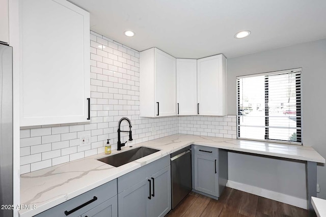 9355 N 91st St Unit 112, Scottsdale, AZ 85258 - kitchen featuring a sink, stainless steel dishwasher, light stone countertops, decorative backsplash, and dark wood-style floors