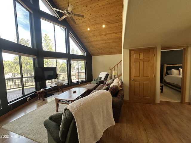 living room featuring high vaulted ceiling, ceiling fan, a wealth of natural light, and wood ceiling
