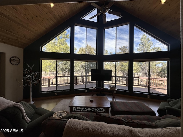 living room featuring wood finished floors, wood ceiling, high vaulted ceiling, and ceiling fan