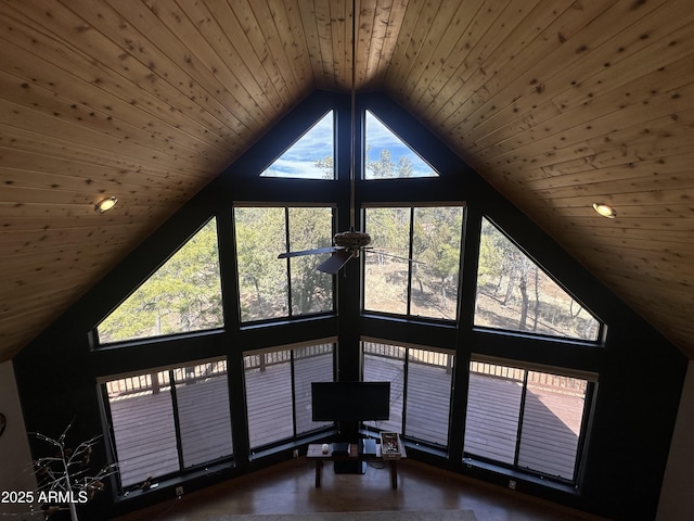 interior details featuring wooden ceiling, ceiling fan, and recessed lighting