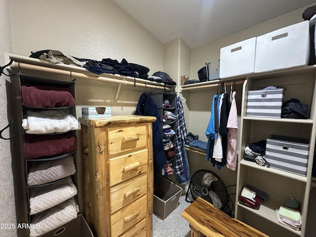 spacious closet featuring lofted ceiling and carpet flooring
