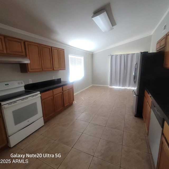 1829 E Adams St, Phoenix, AZ 85034 - kitchen with under cabinet range hood, vaulted ceiling, light tile patterned floors, and white appliances