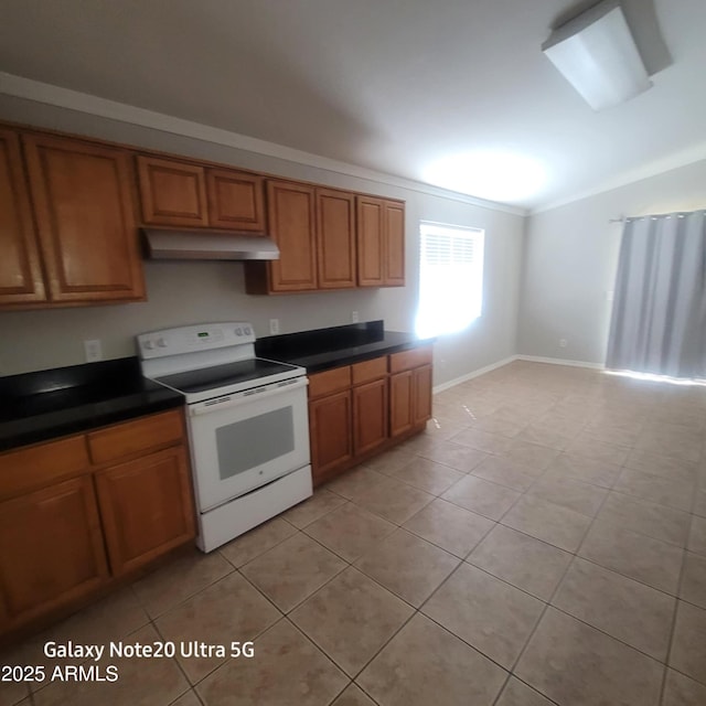 1829 E Adams St, Phoenix, AZ 85034 - kitchen with brown cabinetry, under cabinet range hood, light tile patterned floors, electric stove, and dark countertops