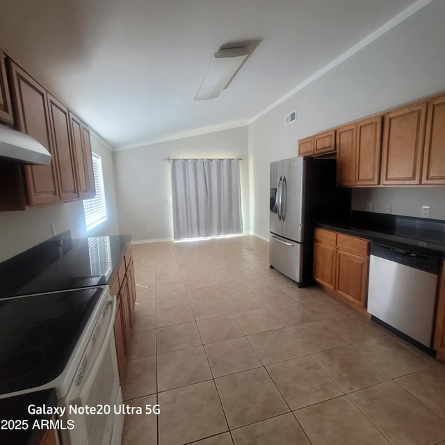 1829 E Adams St, Phoenix, AZ 85034 - kitchen featuring lofted ceiling, under cabinet range hood, light tile patterned flooring, dark countertops, and appliances with stainless steel finishes