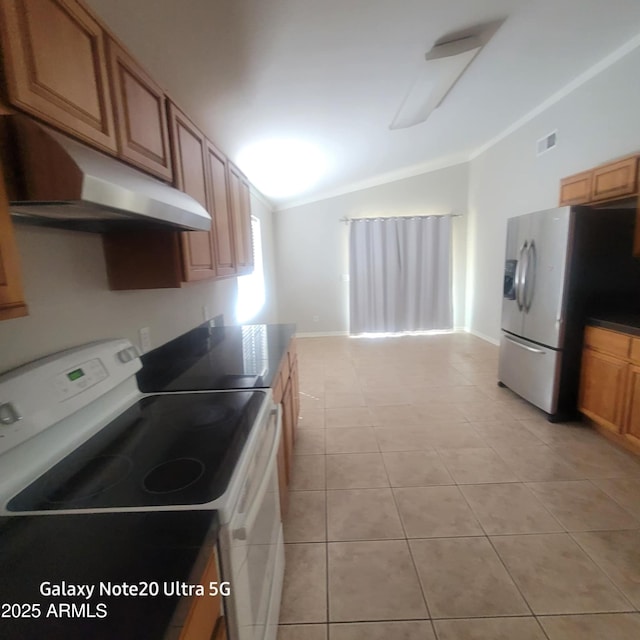 1829 E Adams St, Phoenix, AZ 85034 - kitchen featuring stainless steel refrigerator with ice dispenser, lofted ceiling, under cabinet range hood, visible vents, and white electric range