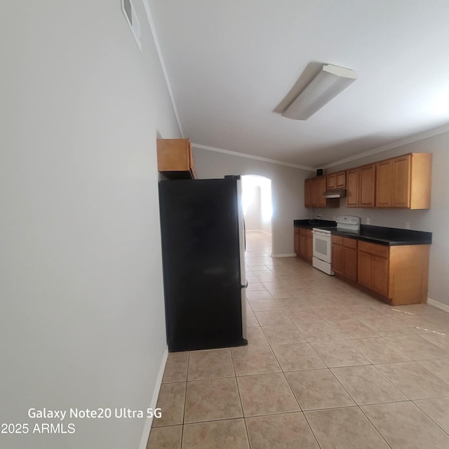 1829 E Adams St, Phoenix, AZ 85034 - kitchen featuring freestanding refrigerator, white electric range oven, under cabinet range hood, dark countertops, and ornamental molding