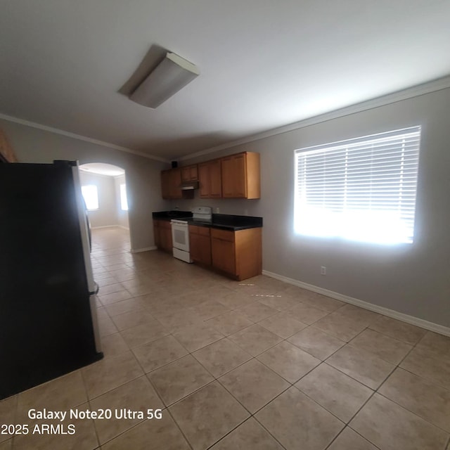 1829 E Adams St, Phoenix, AZ 85034 - kitchen with crown molding, electric range, arched walkways, dark countertops, and freestanding refrigerator