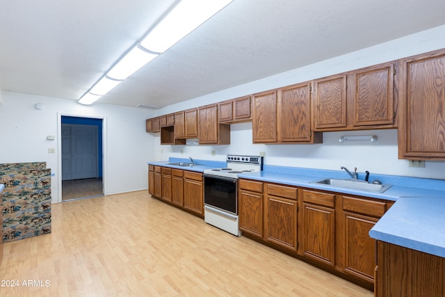 kitchen featuring electric range, sink, and light hardwood / wood-style floors