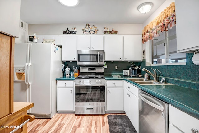 kitchen featuring light wood finished floors, stainless steel appliances, decorative backsplash, white cabinets, and a sink