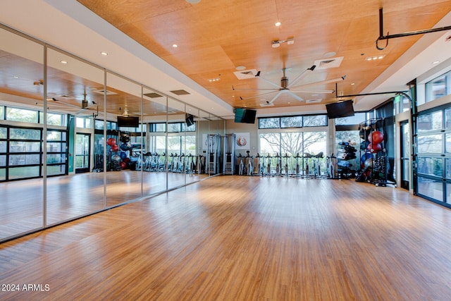 exercise room featuring hardwood / wood-style floors and ceiling fan