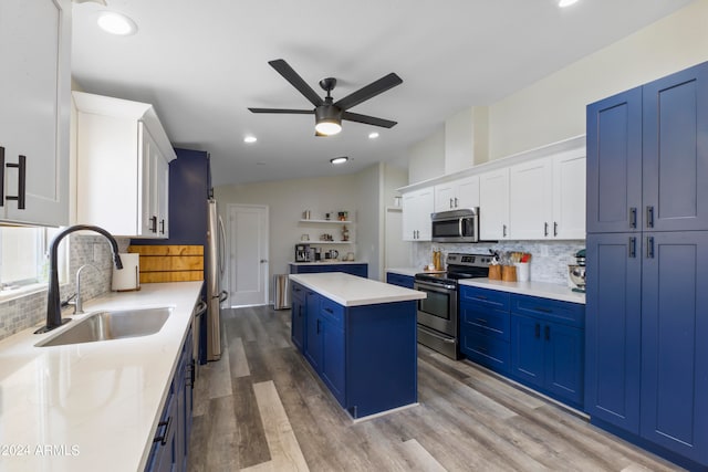 kitchen with ceiling fan, tasteful backsplash, white cabinetry, appliances with stainless steel finishes, and sink