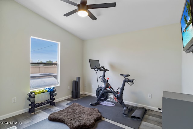 exercise area with vaulted ceiling, dark hardwood / wood-style flooring, and ceiling fan