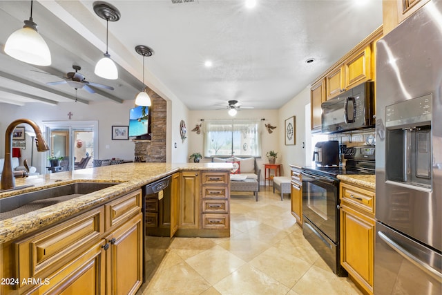 kitchen featuring hanging light fixtures, ceiling fan, black appliances, beamed ceiling, and light tile floors