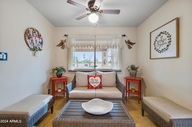 living room featuring ceiling fan