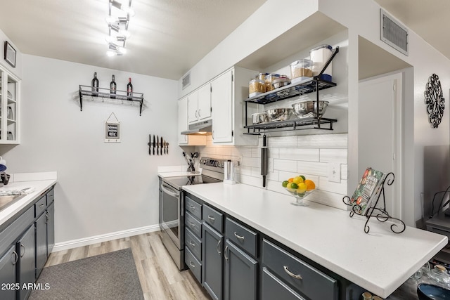10374 W Deanne Dr, Sun City, AZ 85351 - kitchen with stainless steel range with electric stovetop, visible vents, backsplash, and under cabinet range hood