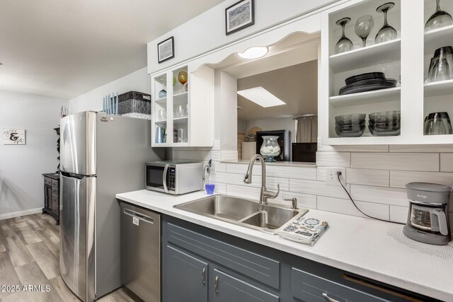 10374 W Deanne Dr, Sun City, AZ 85351 - kitchen featuring gray cabinets, light countertops, backsplash, a sink, and stainless steel appliances