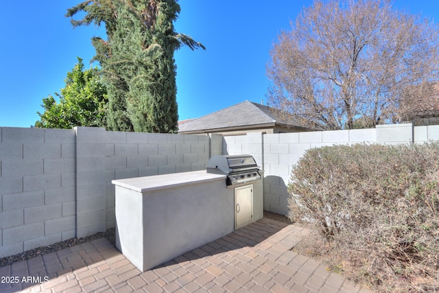 view of patio featuring a grill and an outdoor kitchen