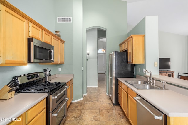 kitchen with high vaulted ceiling, sink, and appliances with stainless steel finishes