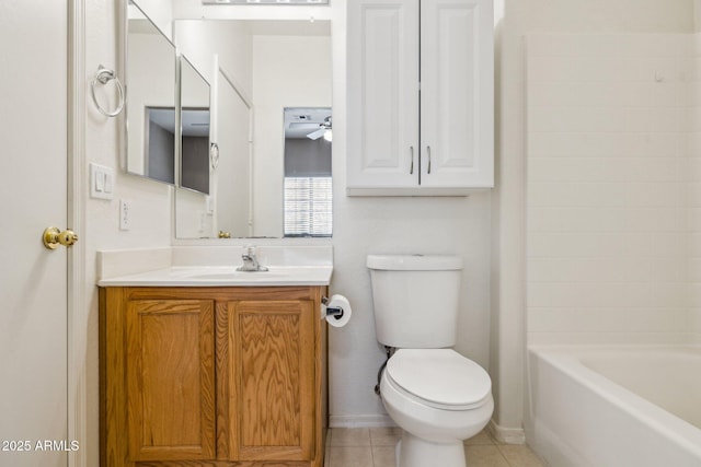 full bathroom featuring ceiling fan, vanity, toilet, and tile patterned floors