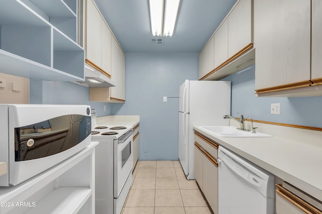 kitchen with white cabinetry, white appliances, sink, and light tile patterned floors