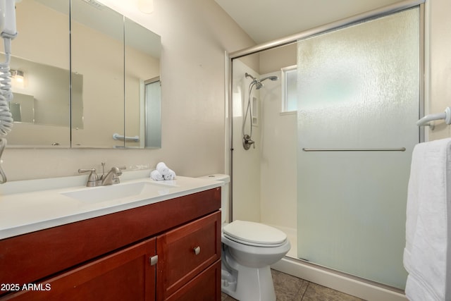 bathroom featuring vanity, tile patterned floors, toilet, and walk in shower