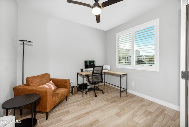 office space featuring light hardwood / wood-style floors and ceiling fan