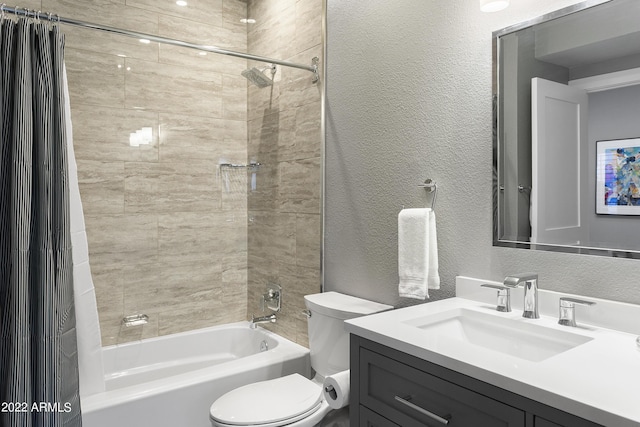 7700 E Gainey Ranch Rd Unit 206, Scottsdale, AZ 85258 - full bathroom with toilet, shower / bath combination with curtain, a textured wall, and vanity