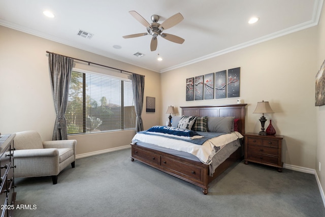 carpeted bedroom featuring baseboards, visible vents, and ornamental molding