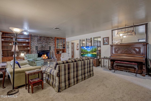 carpeted living room featuring a fireplace