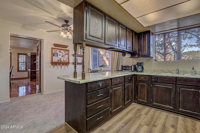 kitchen featuring sink, kitchen peninsula, ceiling fan, light hardwood / wood-style floors, and dark brown cabinetry