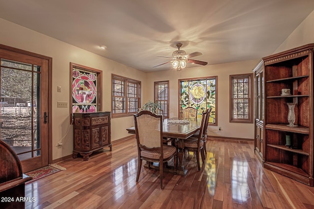 dining room featuring ceiling fan and light wood-type flooring