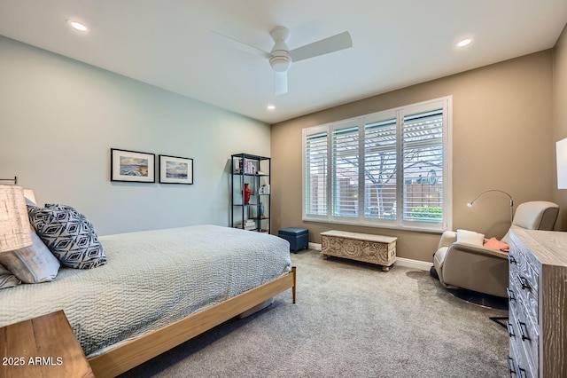 carpeted bedroom with ceiling fan, baseboards, and recessed lighting