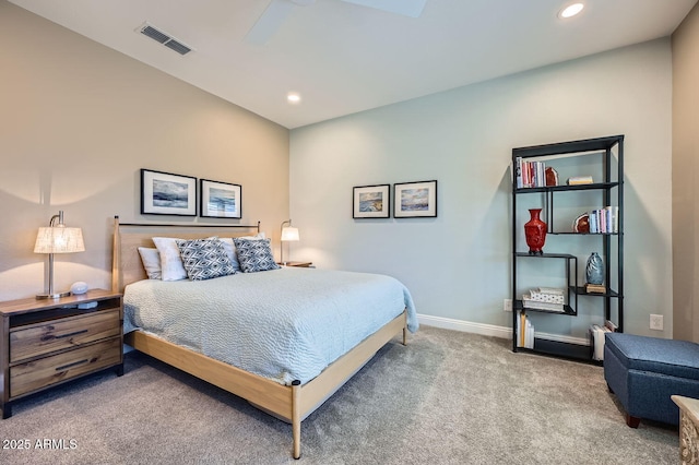 bedroom with carpet, recessed lighting, visible vents, a ceiling fan, and baseboards