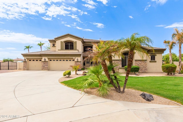 view of front facade with stone siding, fence, concrete driveway, and stucco siding