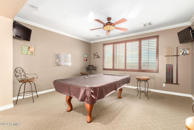 game room featuring crown molding, pool table, visible vents, a ceiling fan, and baseboards