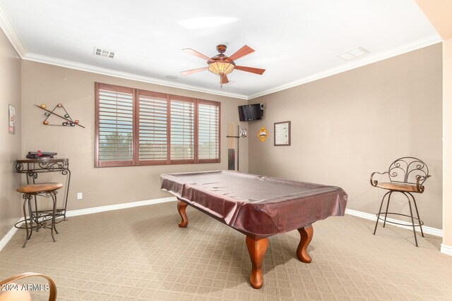 rec room featuring baseboards, visible vents, crown molding, and pool table