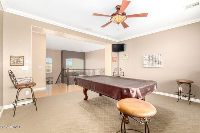 playroom with crown molding, pool table, visible vents, ceiling fan, and baseboards