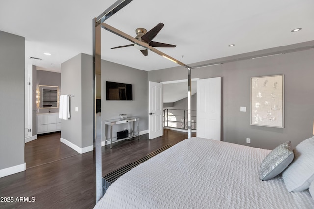 bedroom featuring dark wood-type flooring and ceiling fan