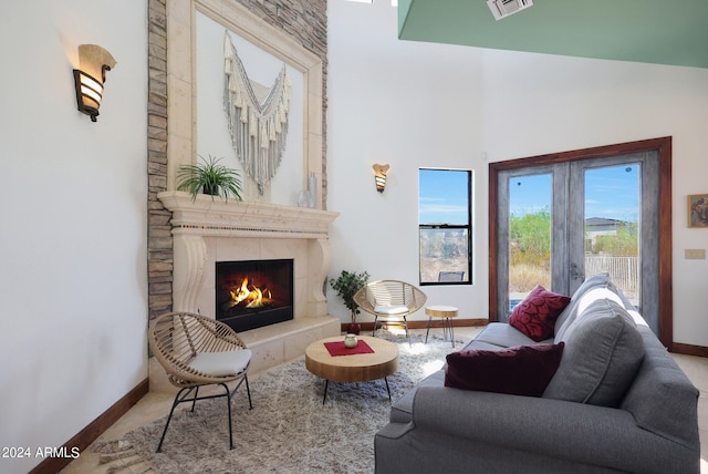 living room featuring a fireplace