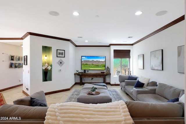 living room with ornamental molding and light tile patterned flooring