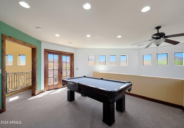 rec room with pool table, plenty of natural light, carpet, and ceiling fan