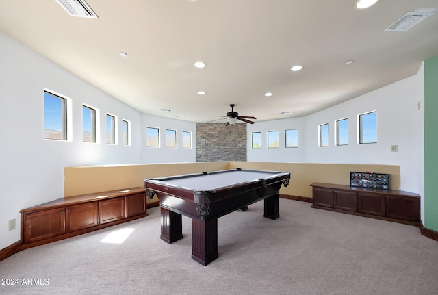 rec room featuring billiards, ceiling fan, and light carpet