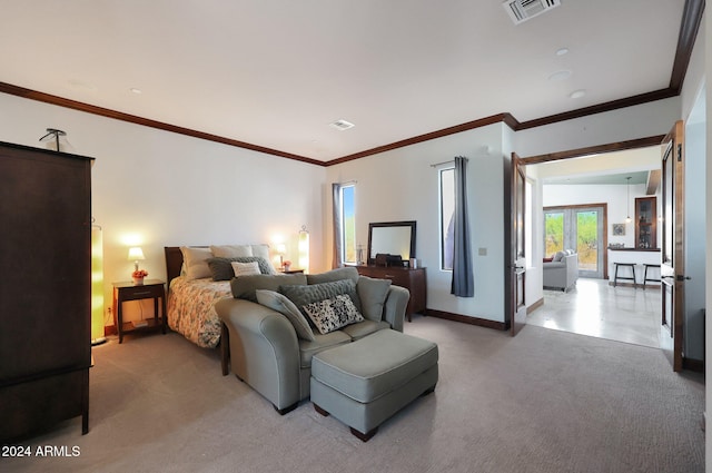 carpeted bedroom with crown molding