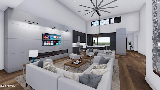 living room featuring dark wood-type flooring and a high ceiling