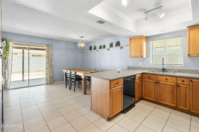 4631 N 77th Dr, Phoenix, AZ 85033 - kitchen featuring crown molding, a sink, black dishwasher, a tray ceiling, and visible vents
