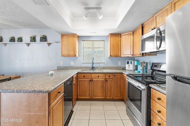 4631 N 77th Dr, Phoenix, AZ 85033 - kitchen with open shelves, appliances with stainless steel finishes, a sink, a raised ceiling, and ornamental molding