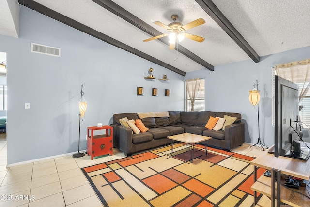 4631 N 77th Dr, Phoenix, AZ 85033 - living area with a ceiling fan, a textured ceiling, visible vents, light tile patterned floors, and vaulted ceiling with beams