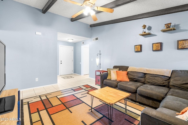 4631 N 77th Dr, Phoenix, AZ 85033 - living area with ceiling fan, visible vents, light tile patterned floors, baseboards, and beamed ceiling